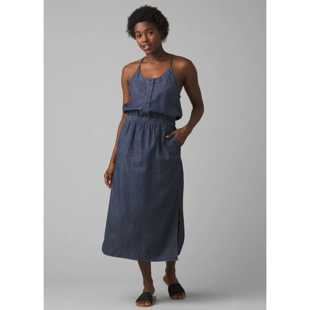 Prana Sky Haven Dress Small Blue Chambray Scoop Neck Midi Sundress Pockets